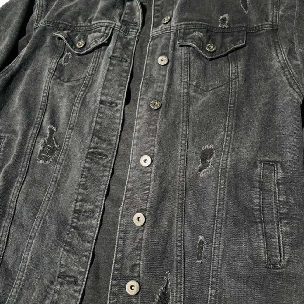 Acid Washed Charcoal Distressed Denim Grunge Jacket - Picture 3 of 8